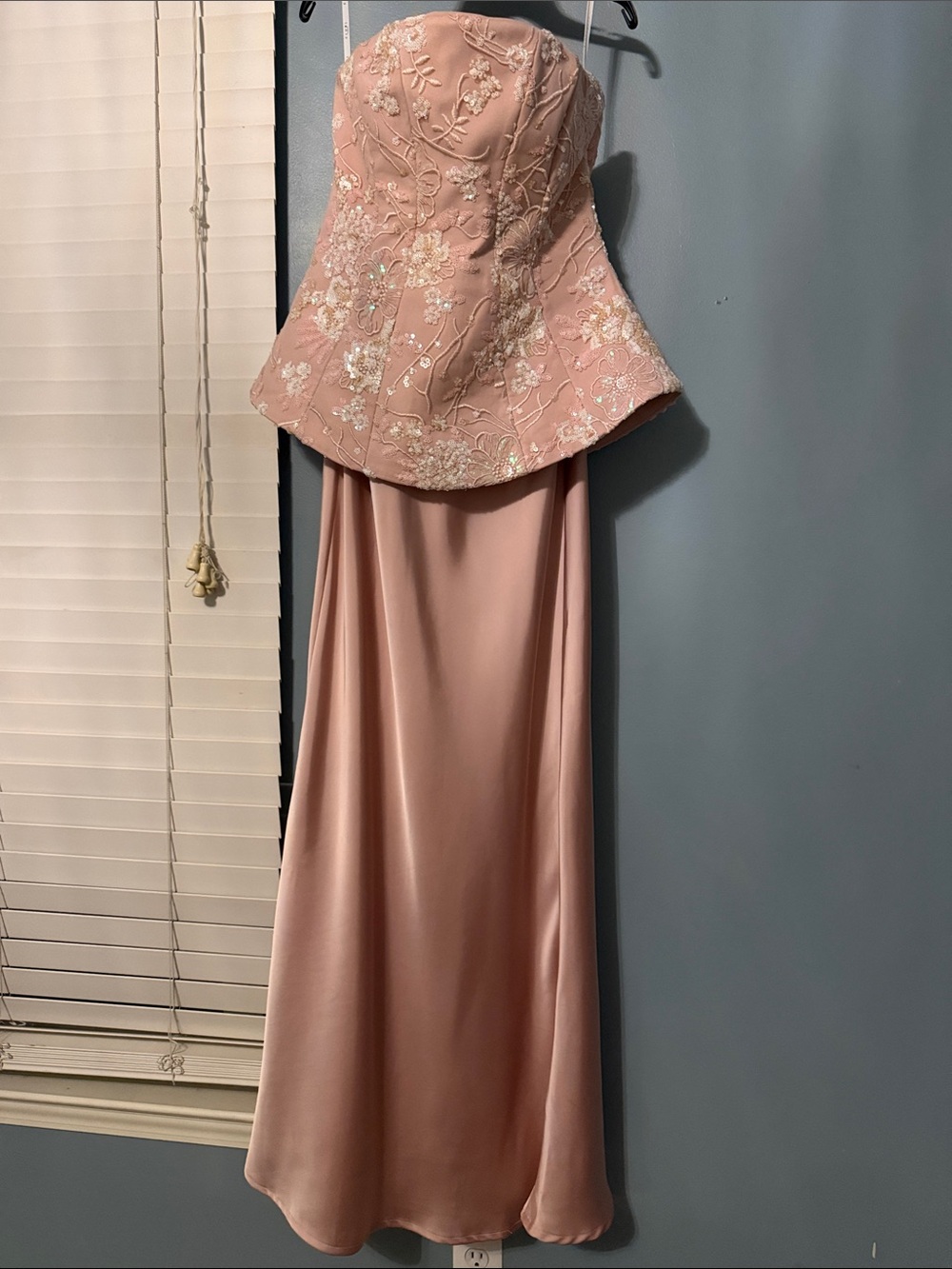 Strapless Embroidered Peplum Evening Gown in Blush Pink